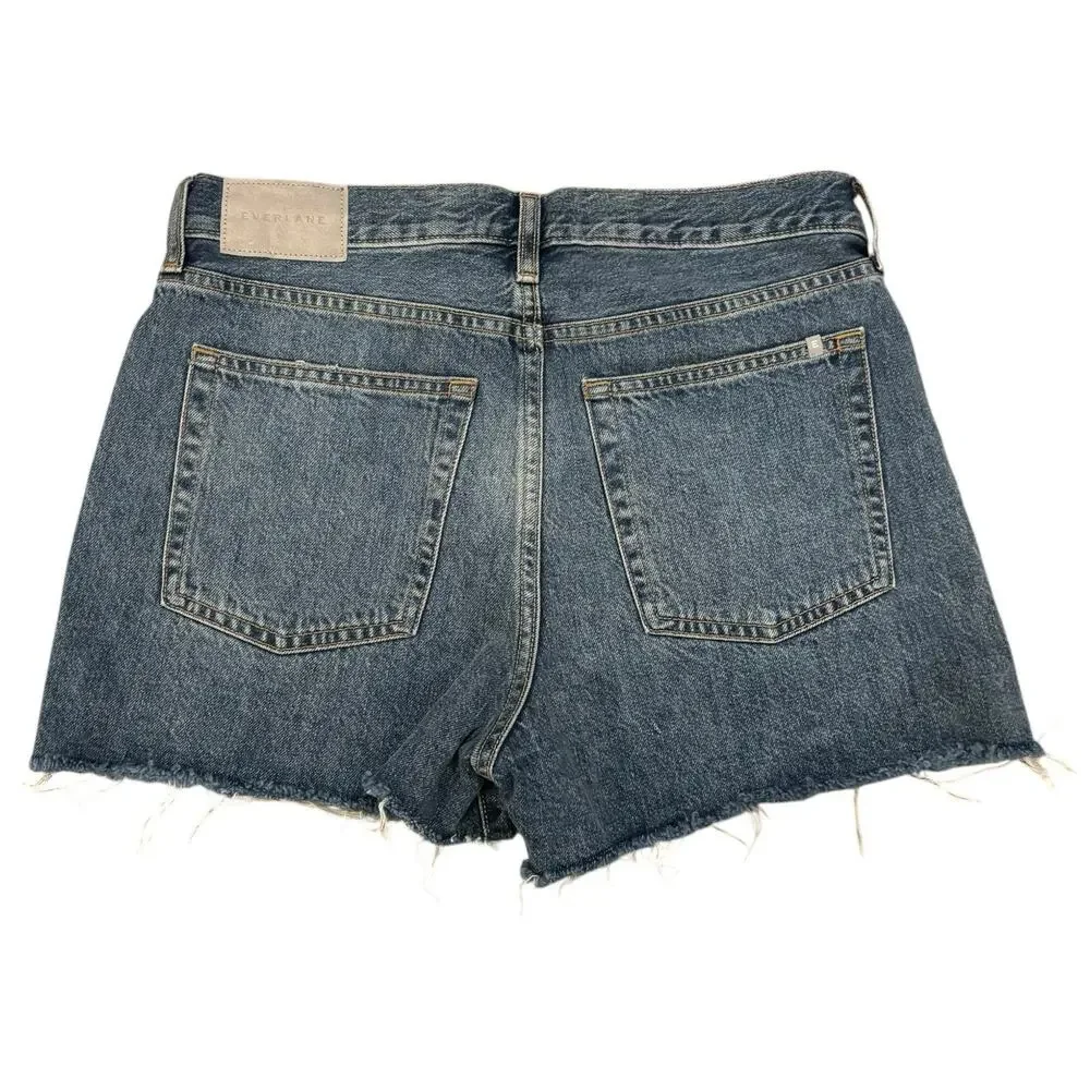 Everlane Relaxed Fit High Rise Button Fly Blue Frayed Hem Denim Shorts Size 27